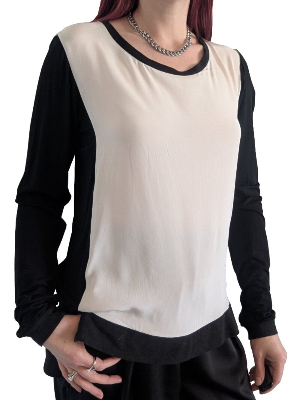Drew Long Sleeve Silk Blouse Cream and Black | S